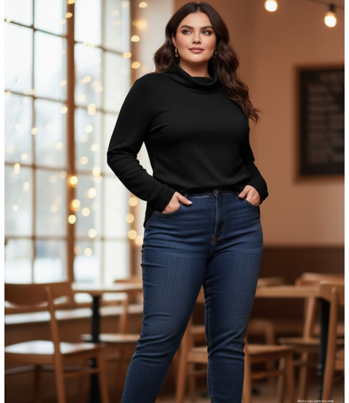 Tee-shirt femme chaud noir – Col boule, maille extensible