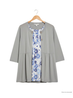 Pull gris femme effet 2 en 1 – Fleurie & boutons fantaisie