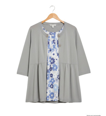 Pull gris femme effet 2 en 1 – Fleurie & boutons fantaisie