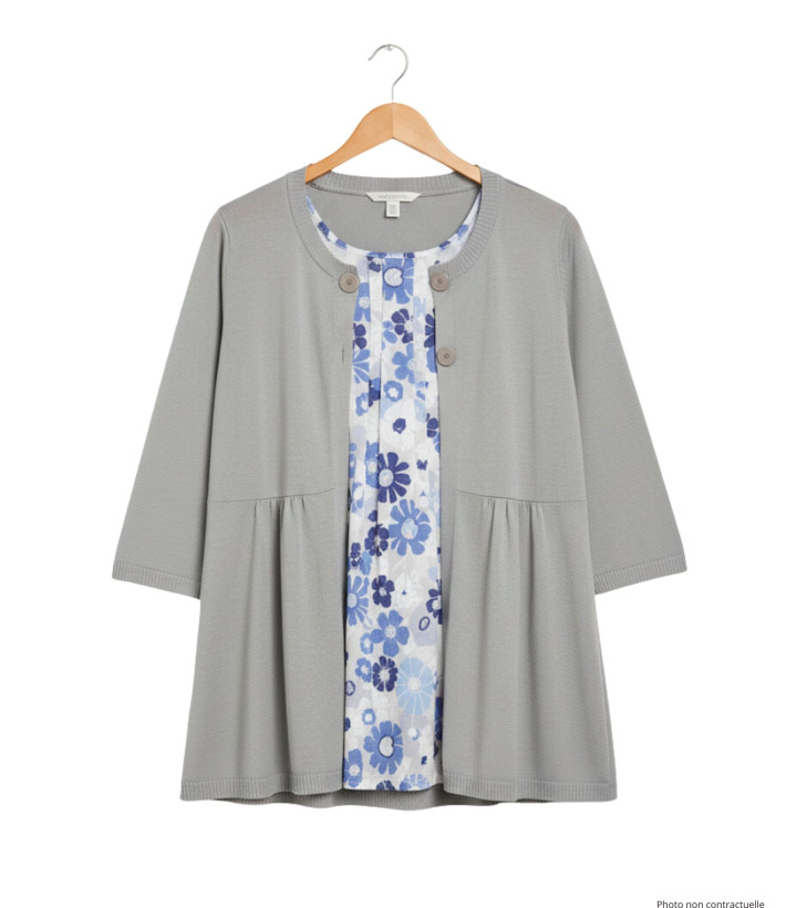 Pull gris femme effet 2 en 1 – Fleurie & boutons fantaisie