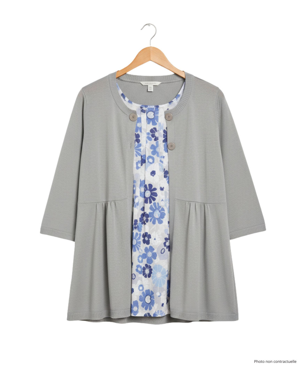Pull gris femme effet 2 en 1 – Fleurie & boutons fantaisie