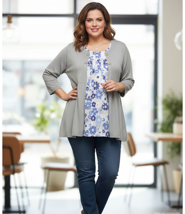 Pull gris femme effet 2 en 1 – Fleurie & boutons fantaisie