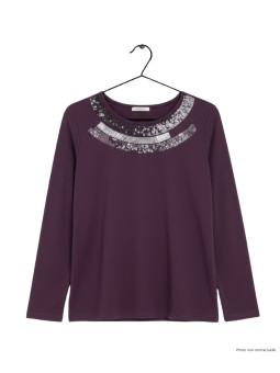 Tee-shirt violet femme col pailleté – Chic & confort