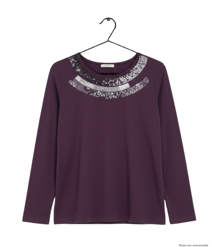 Tee-shirt violet femme col pailleté – Chic & confort