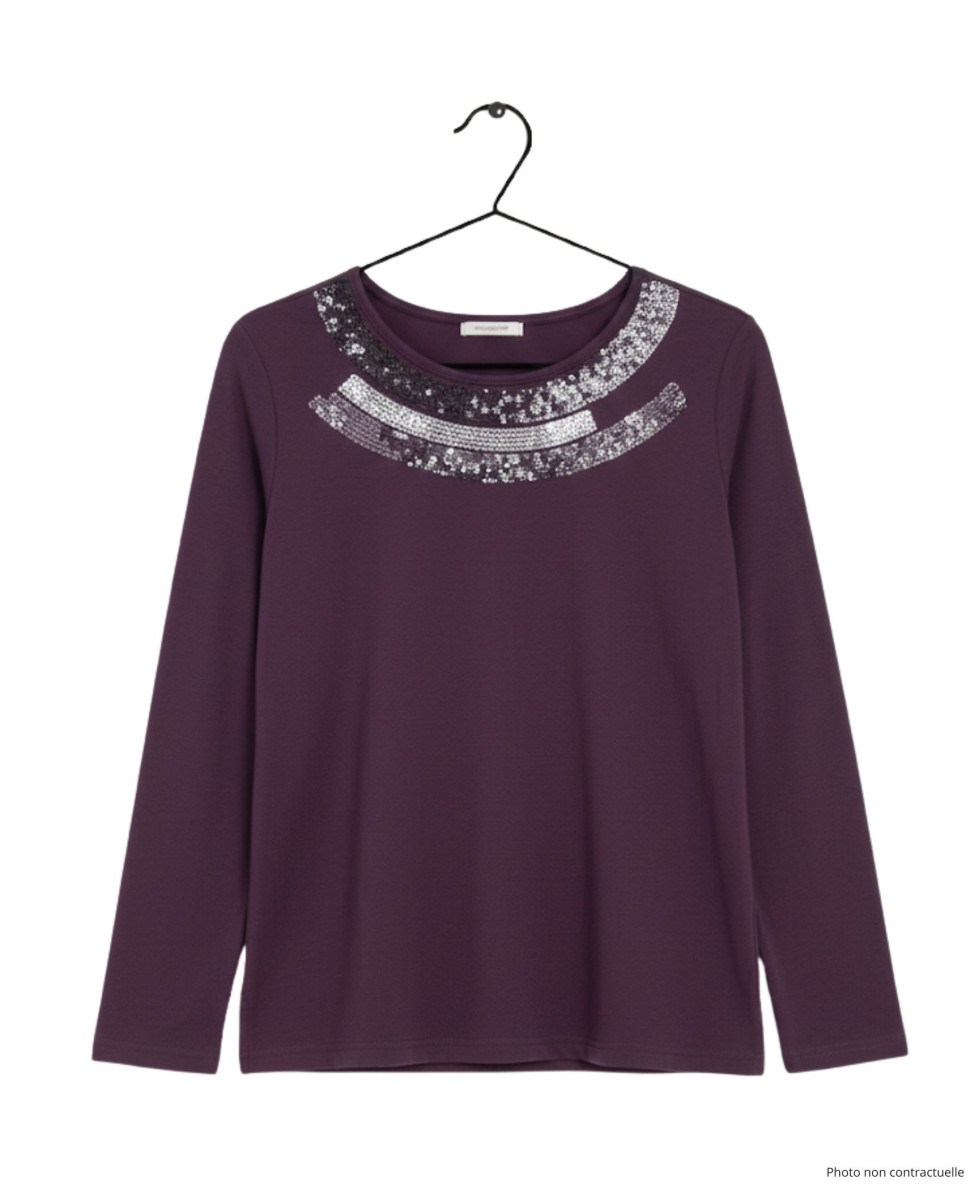 Tee-shirt violet femme col pailleté – Chic & confort