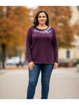 Tee-shirt violet femme col pailleté – Chic & confort