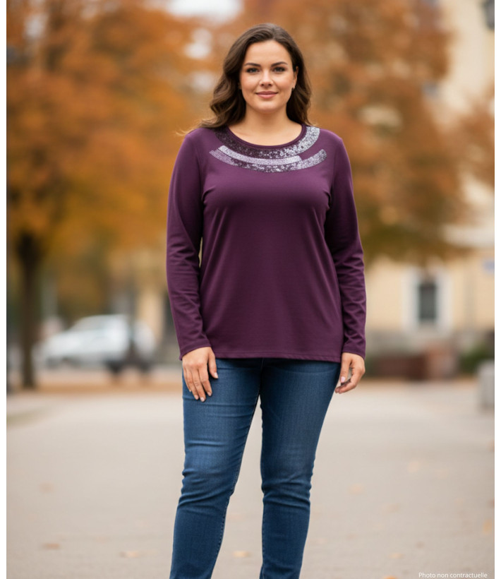 Tee-shirt violet femme col pailleté – Chic & confort