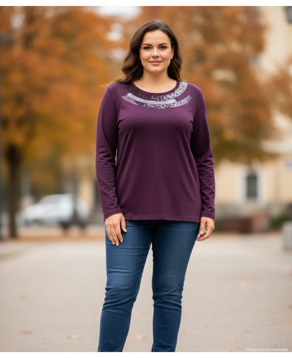Tee-shirt violet femme col pailleté – Chic & confort