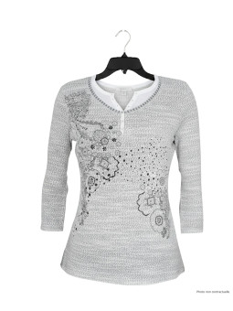 Pull femme manches 3/4 KA9542A gris/blanc – Motif fantaisie