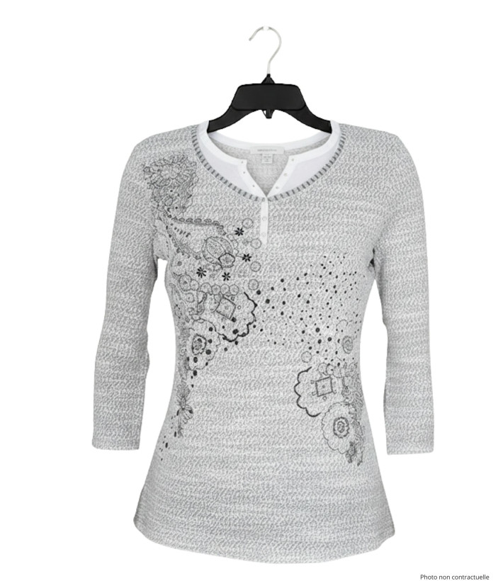 Pull femme manches 3/4 KA9542A gris/blanc – Motif fantaisie