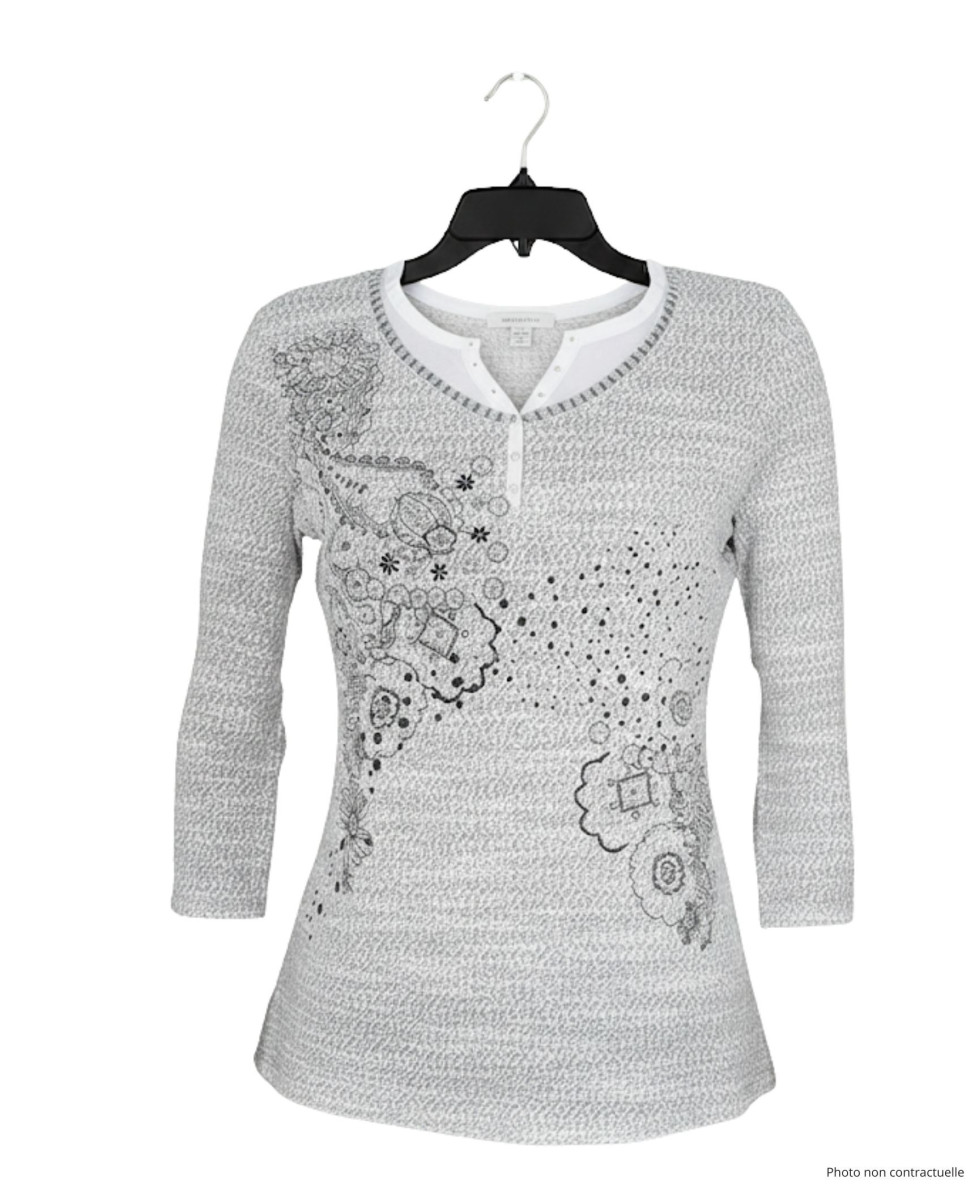 Pull femme manches 3/4 KA9542A gris/blanc – Motif fantaisie