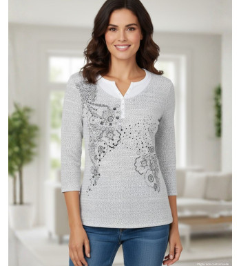 Pull femme manches 3/4 KA9542A gris/blanc – Motif fantaisie