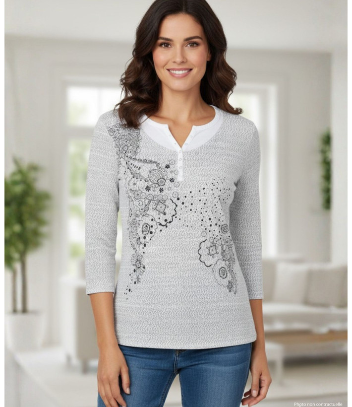 Pull femme manches 3/4 KA9542A gris/blanc – Motif fantaisie