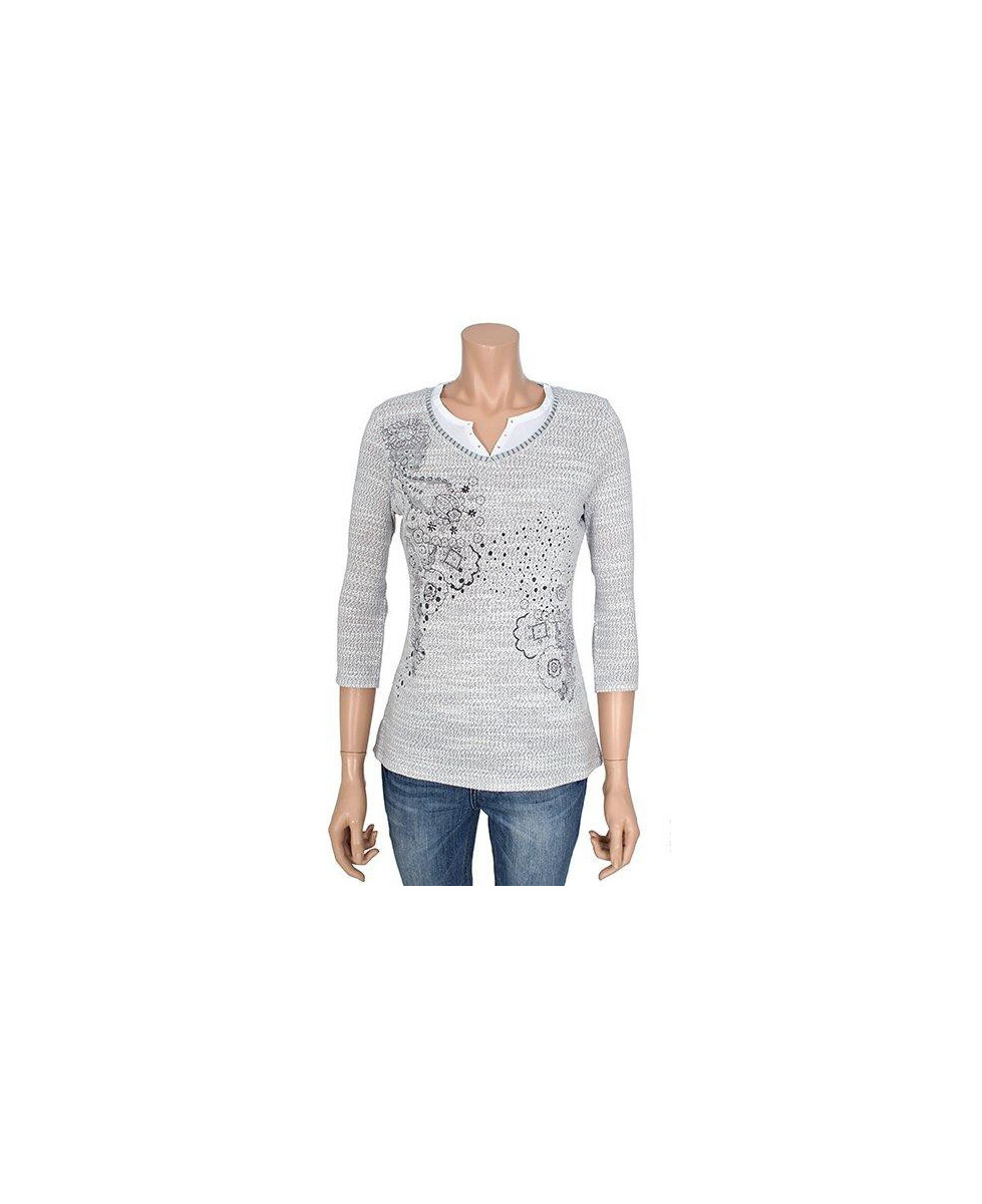 Pull femme manches 3/4 KA9542A gris/blanc – Motif fantaisie