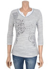Pull femme manches 3/4 KA9542A gris/blanc – Motif fantaisie