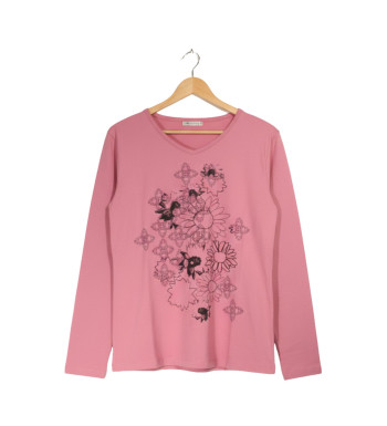 Tee-shirt rose fleuri femme – Manches longues, coton Lycra