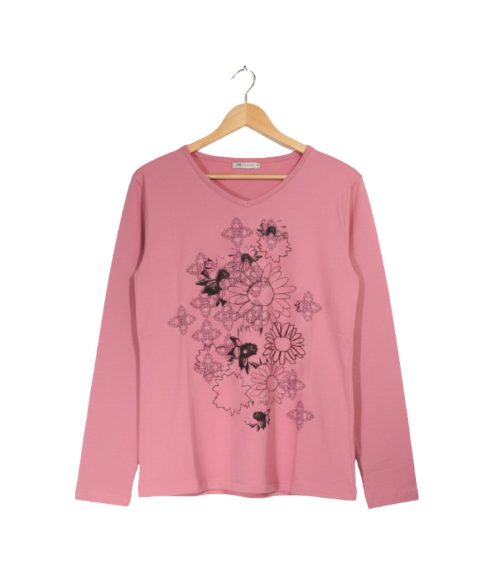 Tee-shirt rose fleuri femme – Manches longues, coton Lycra