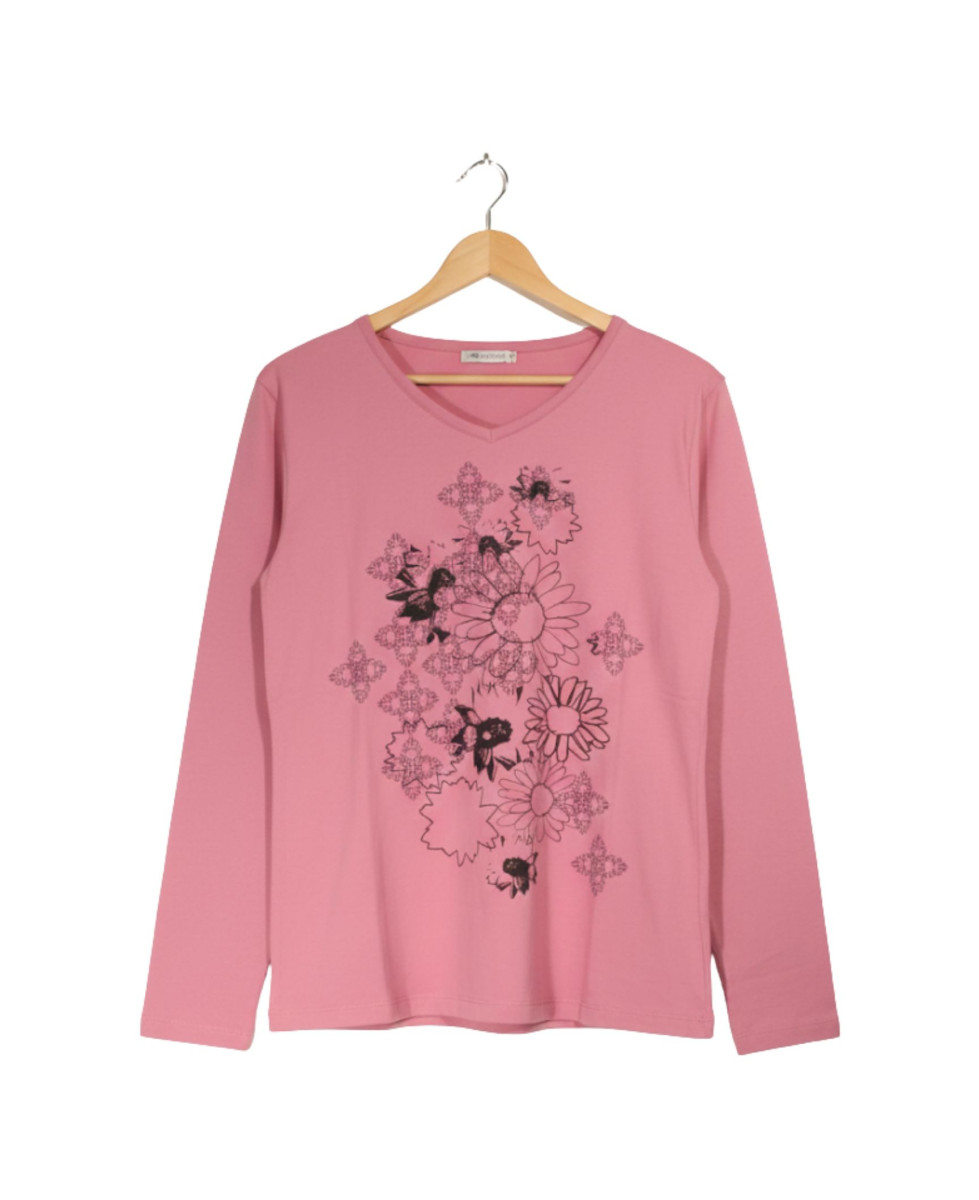 Tee-shirt rose fleuri femme – Manches longues, coton Lycra