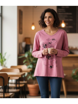 Tee-shirt rose fleuri femme – Manches longues, coton Lycra