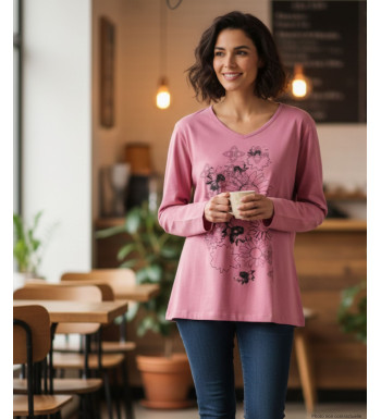 Tee-shirt rose fleuri femme – Manches longues, coton Lycra