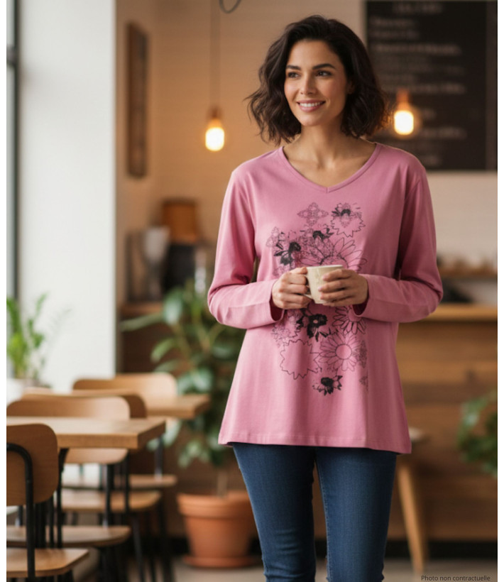 Tee-shirt rose fleuri femme – Manches longues, coton Lycra