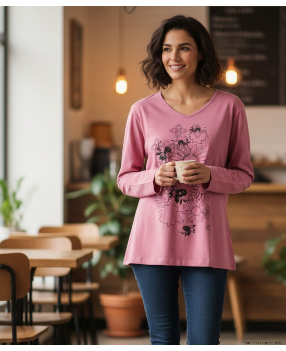 Tee-shirt rose fleuri femme – Manches longues, coton Lycra