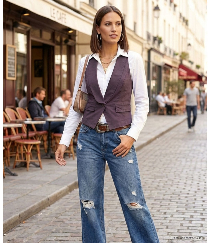 Gilet Blazer Court Sans Manches Raisin en Coton | Chic & Confort