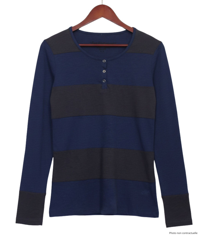 Tee-shirt femme rayé indigo/ardoise – Détails boutons coton