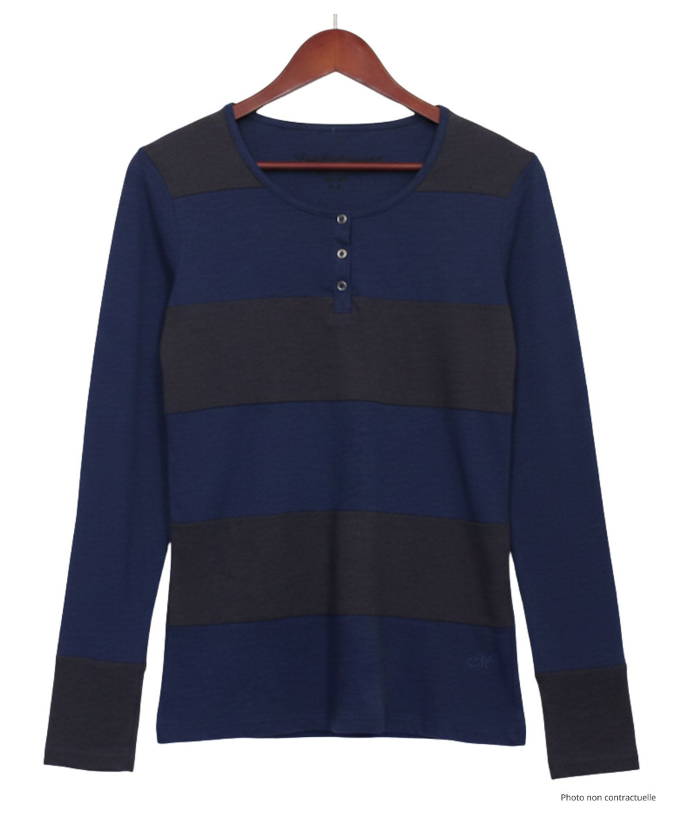 Tee-shirt femme rayé indigo/ardoise – Détails boutons coton