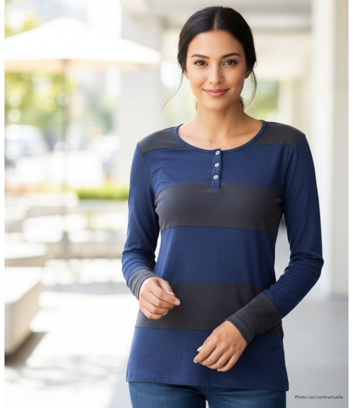 Tee-shirt femme rayé indigo/ardoise – Détails boutons coton