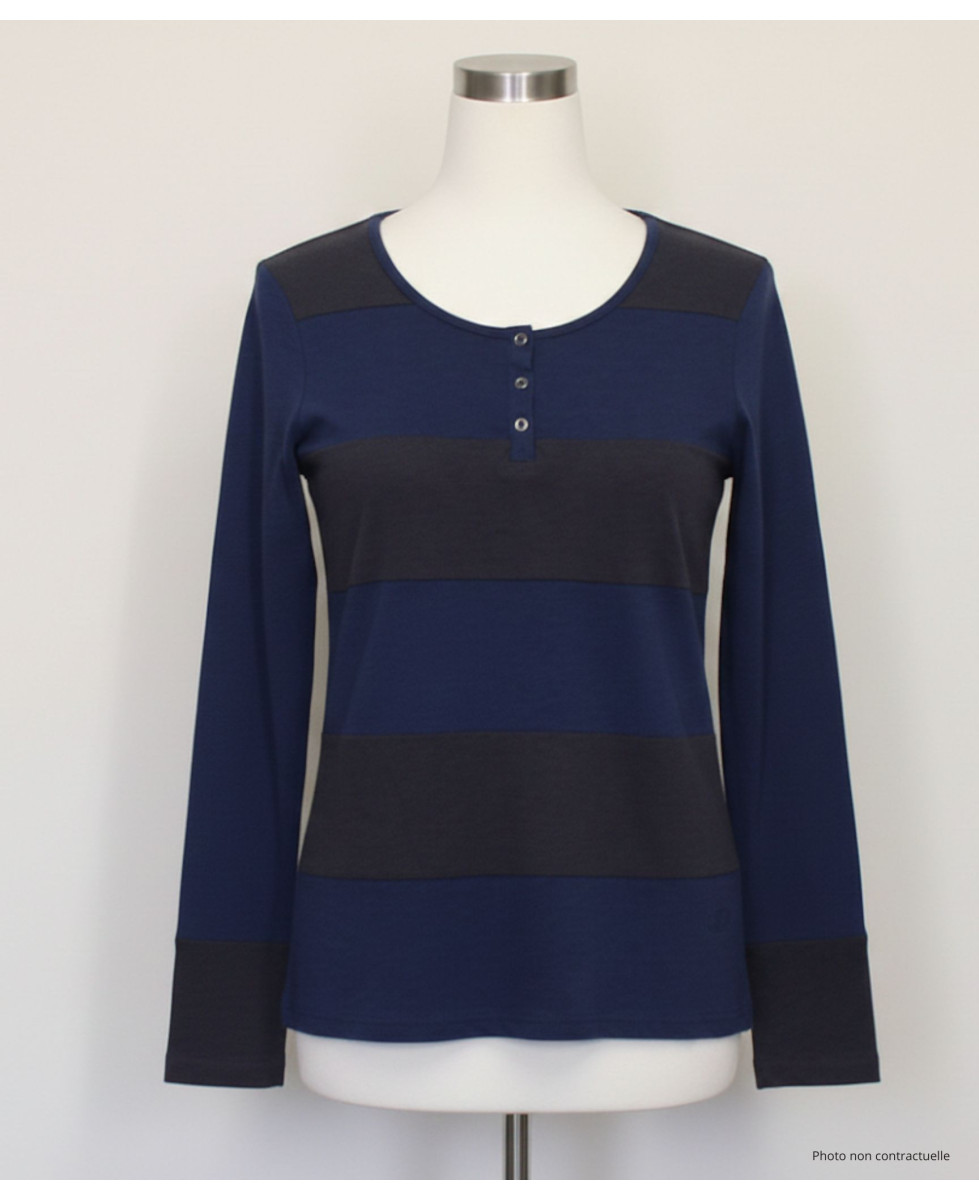 Tee-shirt femme rayé indigo/ardoise – Détails boutons coton