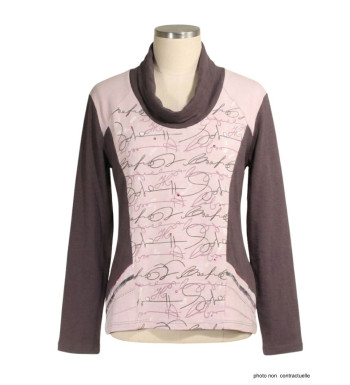 Tee-shirt femme choco/rose sérigraphie grise – Coton doux