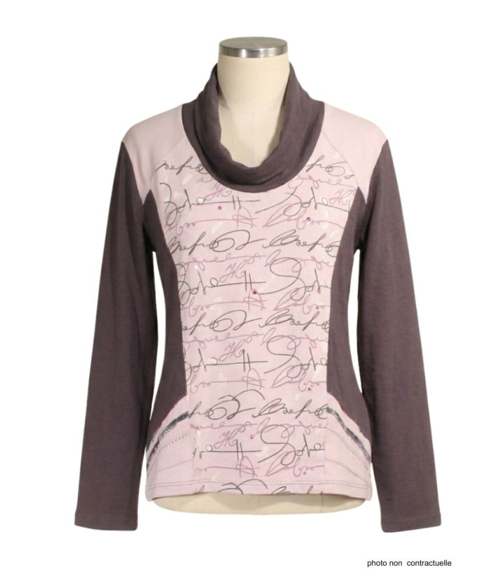 Tee-shirt femme choco/rose sérigraphie grise – Coton doux