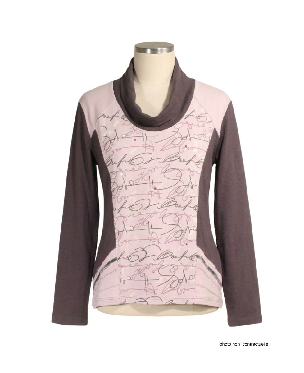 Tee-shirt femme choco/rose sérigraphie grise – Coton doux