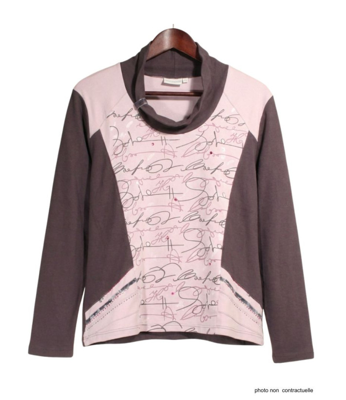 Tee-shirt femme choco/rose sérigraphie grise – Coton doux