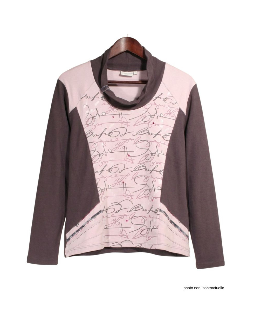 Tee-shirt femme choco/rose sérigraphie grise – Coton doux