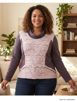 Tee-shirt femme choco/rose sérigraphie grise – Coton doux