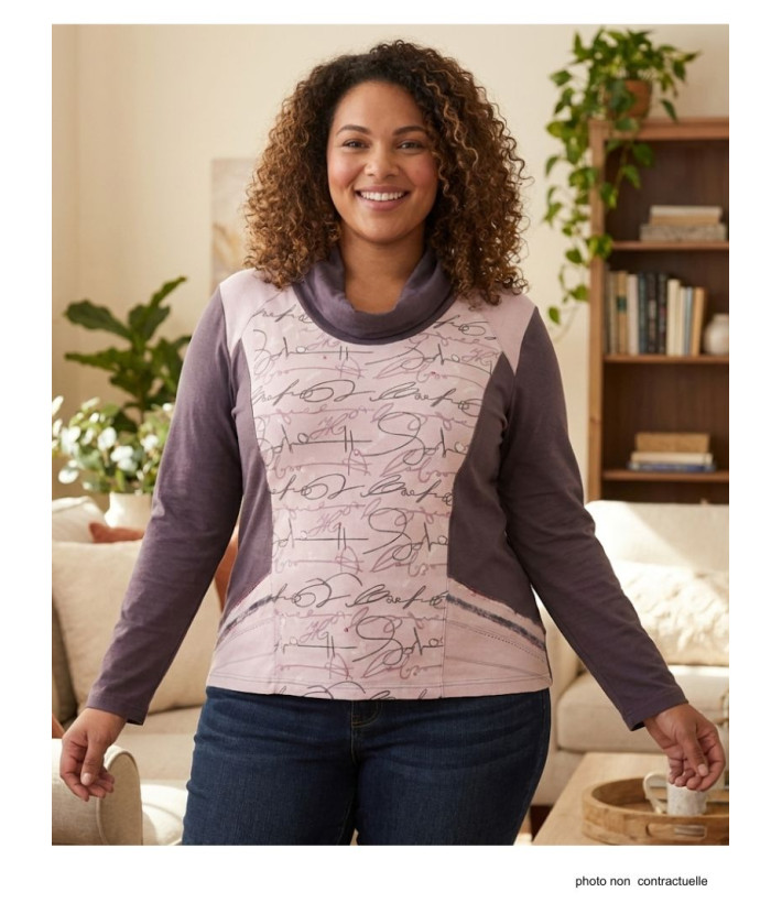 Tee-shirt femme choco/rose sérigraphie grise – Coton doux