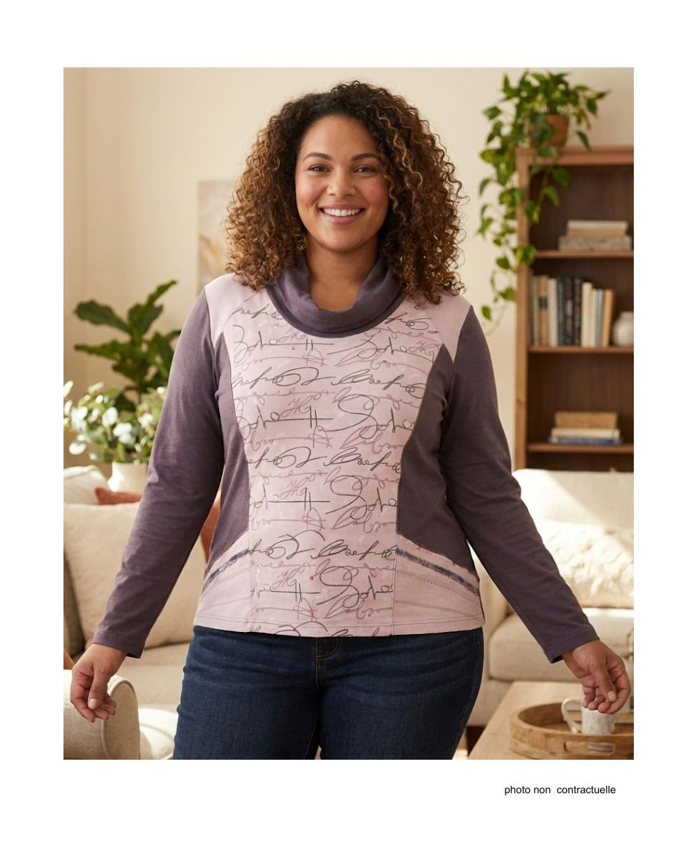 Tee-shirt femme choco/rose sérigraphie grise – Coton doux