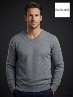 Pull Col V Homme PALAIS3 Gris avec Finitions Chambray