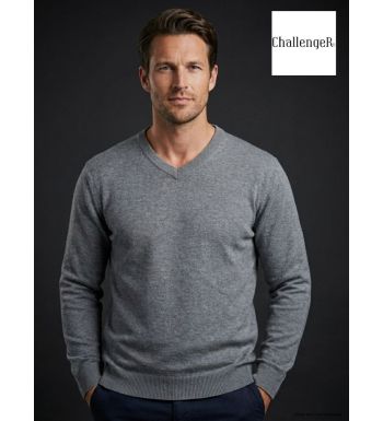Pull Col V Homme PALAIS3 Gris avec Finitions Chambray