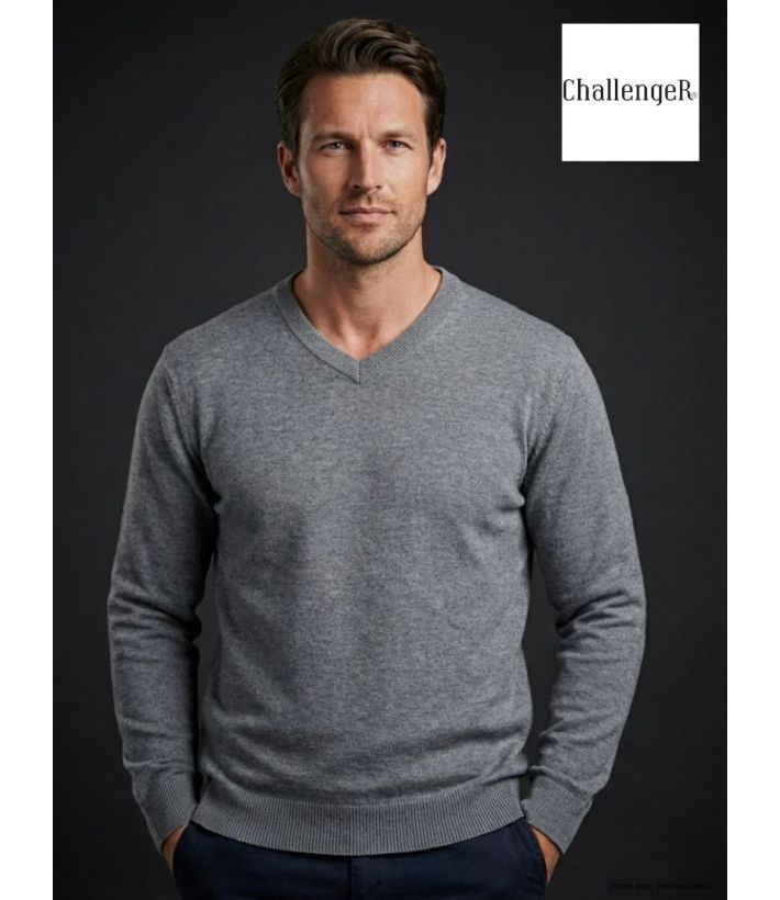 Pull Col V Homme PALAIS3 Gris avec Finitions Chambray