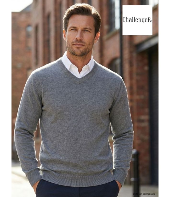 Pull Col V Homme PALAIS3 Gris avec Finitions Chambray