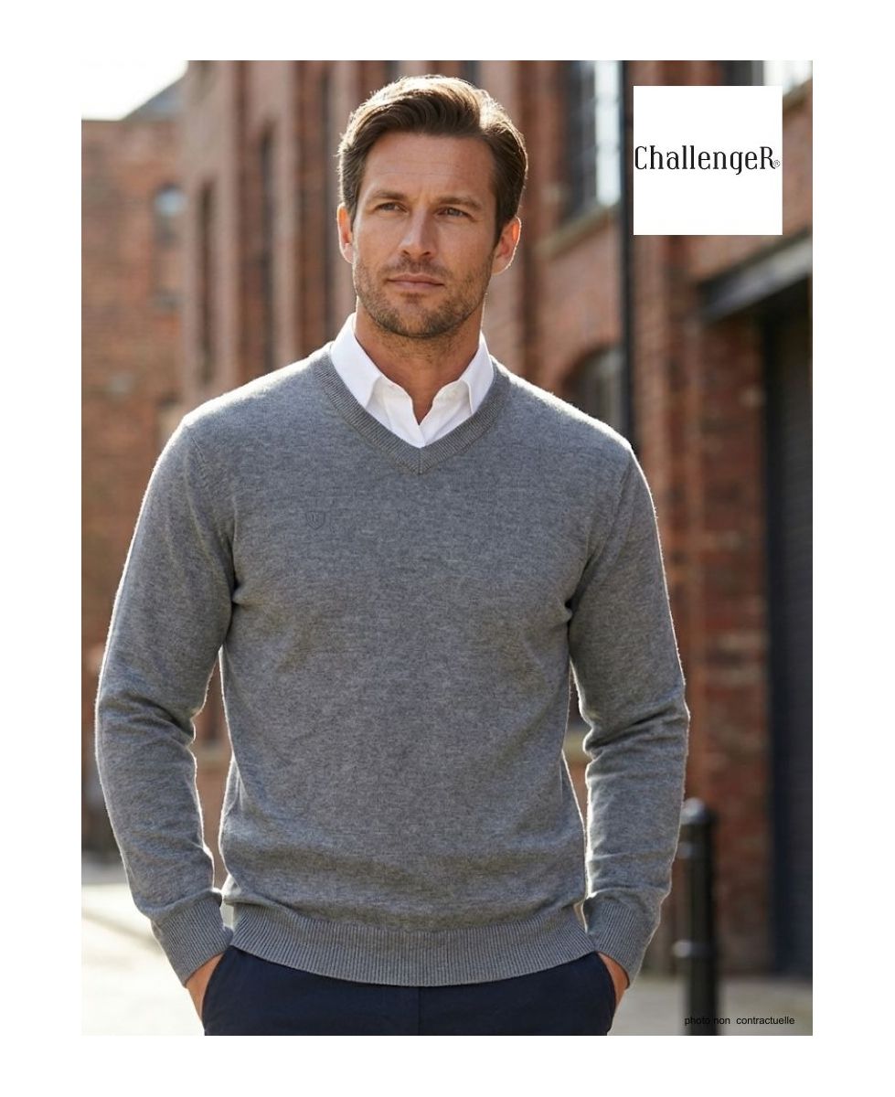 Pull Col V Homme PALAIS3 Gris avec Finitions Chambray