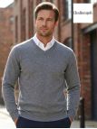 Pull Col V Homme PALAIS3 Gris avec Finitions Chambray