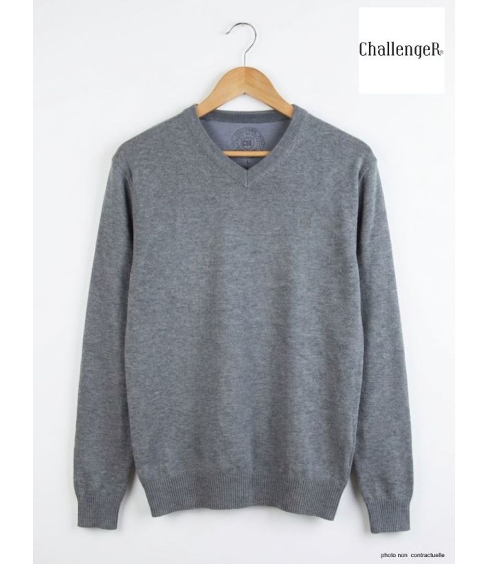 Pull Col V Homme PALAIS3 Gris avec Finitions Chambray