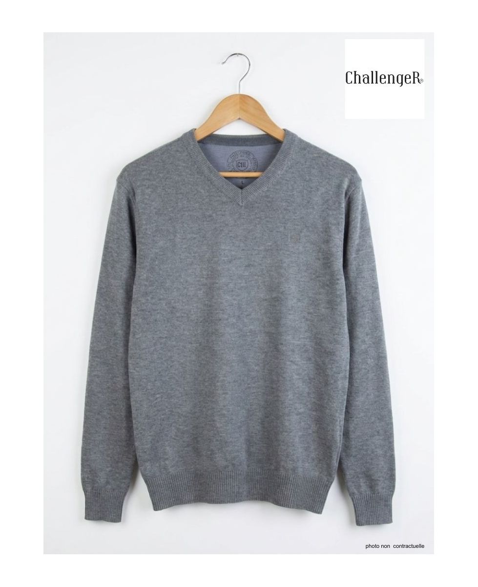Pull Col V Homme PALAIS3 Gris avec Finitions Chambray