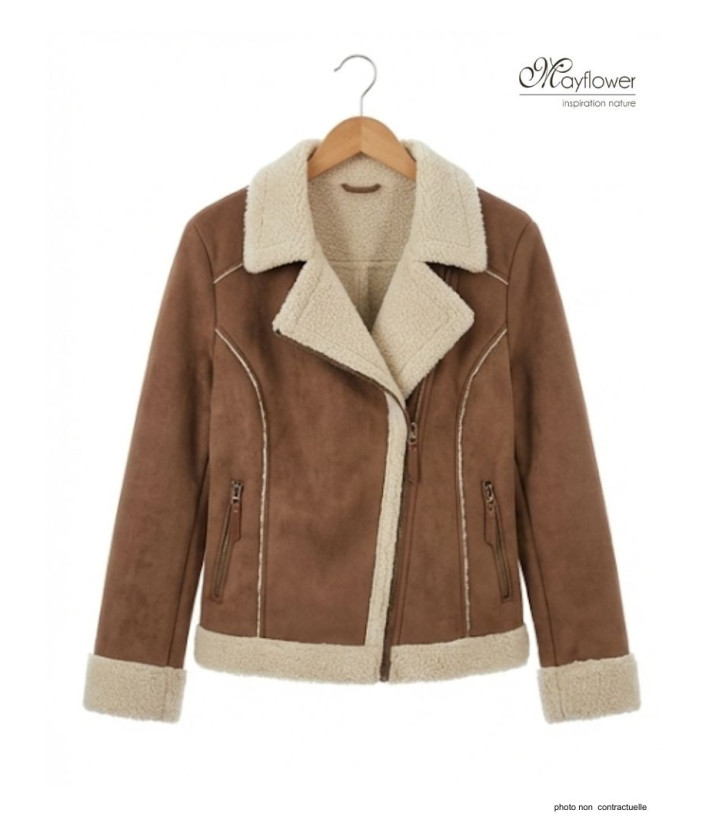 Perfecto femme marron simili – Style rock chic, coupe ajustée