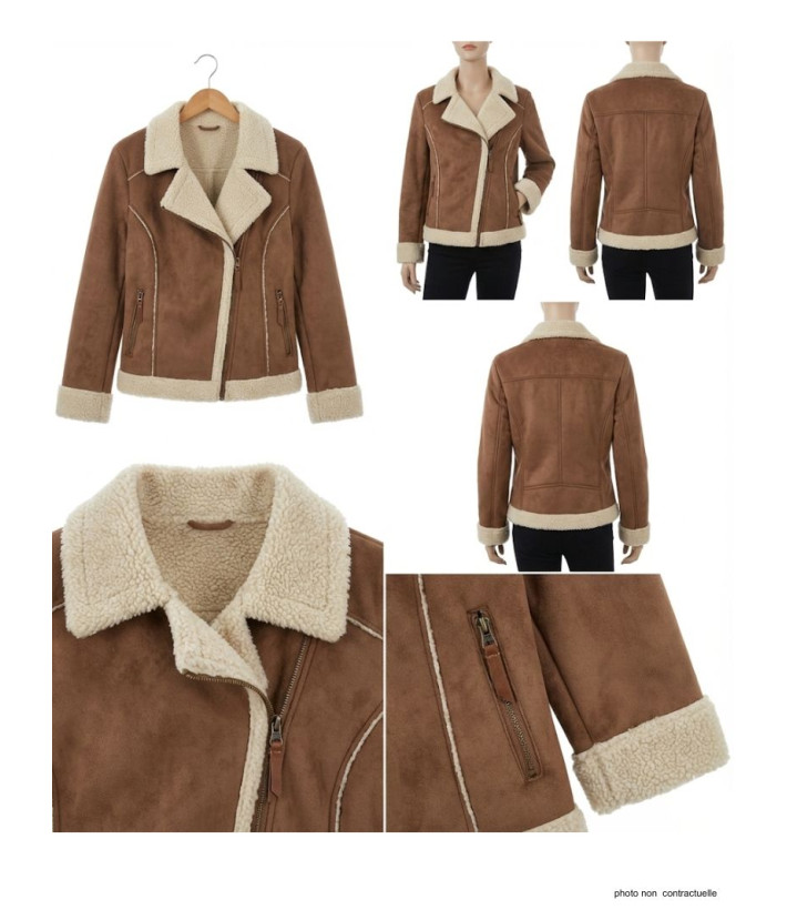 Perfecto femme marron simili – Style rock chic, coupe ajustée