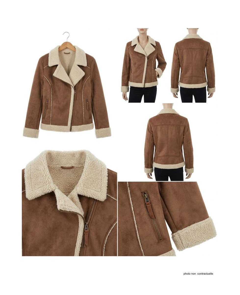 Perfecto femme marron simili – Style rock chic, coupe ajustée